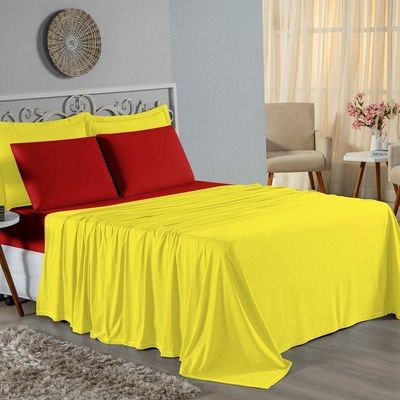 Jogo De Cama Casal Nobre 4 Peças Lençol Com Elástico De 30cm De Altura Malha 100% Algodão - Amarelo / Vermelho