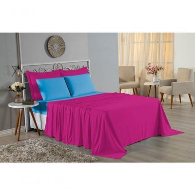 Jogo De Cama Casal Nobre 4 Peças Lençol Com Elástico De 30cm De Altura Malha 100% Algodão - Pink / Turquesa