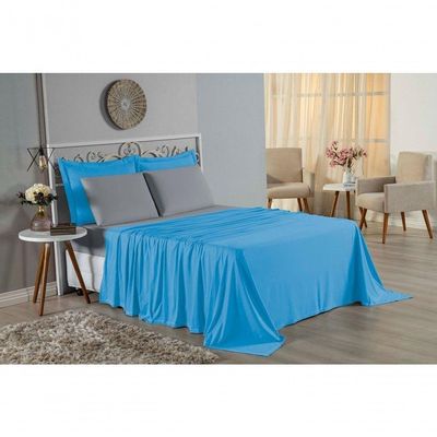 Jogo De Cama Casal Nobre 4 Peças Lençol Com Elástico De 30cm De Altura Malha 100% Algodão - Turquesa / Cinza