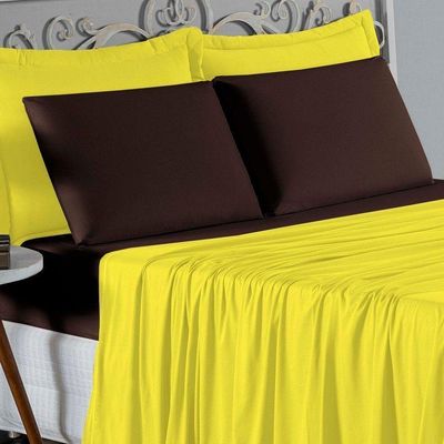 Jogo De Cama Casal Viúva Nobre 4 Peças Malha 100% Algodão - Amarelo / Marrom