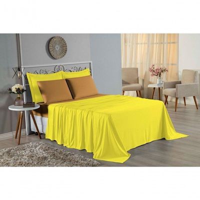 Jogo De Cama Casal Viúva Nobre 4 Peças Malha 100% Algodão - Amarelo / Cobre