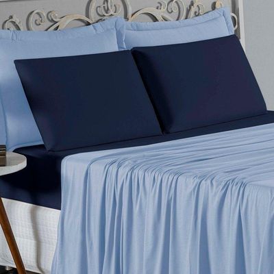 Jogo De Cama Casal Viúva Nobre 4 Peças Malha 100% Algodão - Azul-bebê / Azul-marinho