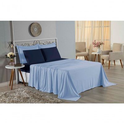 Jogo De Cama Casal Viúva Nobre 4 Peças Malha 100% Algodão - Azul-bebê / Azul-marinho