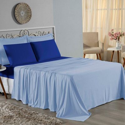 Jogo De Cama Casal Viúva Nobre 4 Peças Malha 100% Algodão - Azul-bebê / Royal