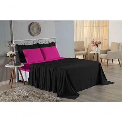 Jogo De Cama Casal Viúva Nobre 4 Peças Malha 100% Algodão - Preto / Pink