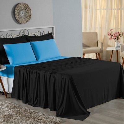 Jogo De Cama Casal Viúva Nobre 4 Peças Malha 100% Algodão - Preto / Turquesa