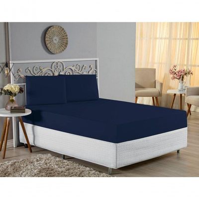 Jogo De Cama King Nobre 3 Peças Lençol Com Elástico De 30cm De Altura Malha 100% Algodão - Azul-marinho