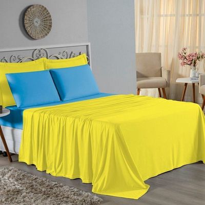 Jogo De Cama King Nobre 4 Peças Lençol Com Elástico De 30cm De Altura Malha 100% Algodão - Amarelo / Turquesa