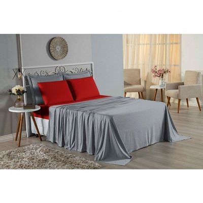Jogo De Cama King Nobre 4 Peças Lençol Com Elástico De 30cm De Altura Malha 100% Algodão - Cinza / Vermelho