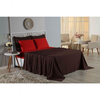 Jogo De Cama King Nobre 4 Peças Lençol Com Elástico De 30cm De Altura Malha 100% Algodão - Marrom / Vermelho