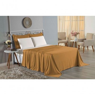 Jogo De Cama Queen Nobre 4 Peças Lençol Com Elástico De 30cm De Altura Malha 100% Algodão - Cobre / Palha