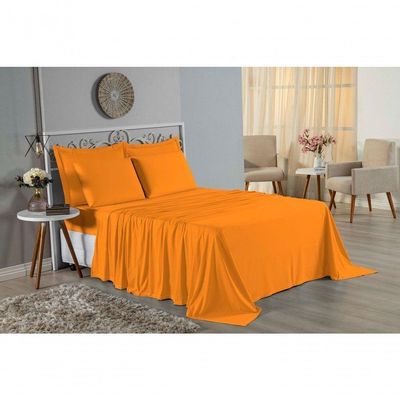 Jogo De Cama Queen Nobre 4 Peças Lençol Com Elástico De 30cm De Altura Malha 100% Algodão - Laranja