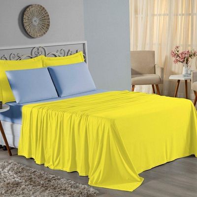 Jogo De Cama Solteiro Nobre 3 Peças Lençol Com Elástico De 30cm De Altura Malha 100% Algodão - Amarelo / Azul-bebê
