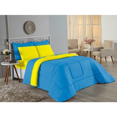 Kit Edredom Dupla Face + Jogo De Lençol Queen Nobre 6 Peças Malha 100% Algodão - Turquesa / Amarelo