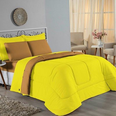 Kit Edredom Dupla Face + Jogo De Lençol Queen Nobre 7 Peças Malha 100% Algodão - Amarelo / Cobre