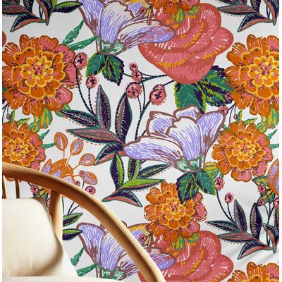 Revestimento de Parede Autoadesivo Removível, Estampa Floral Folk Chique Laranja para Banheiro e Lavanderia, Vinil - S4Sassy 63,5 cm (L) × 609,6 cm (C) / Laranja - Vinil Texturizado