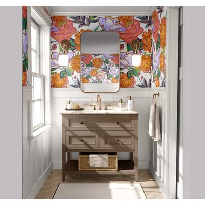 Revestimento de Parede Autoadesivo Removível, Estampa Floral Folk Chique Laranja para Banheiro e Lavanderia, Vinil - S4Sassy 63,5 cm (L) × 609,6 cm (C) / Laranja - Vinil Texturizado