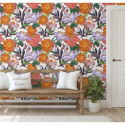 Revestimento de Parede Autoadesivo Removível, Estampa Floral Folk Chique Laranja para Banheiro e Lavanderia, Vinil - S4Sassy 63,5 cm (L) × 609,6 cm (C) / Laranja - Vinil Texturizado
