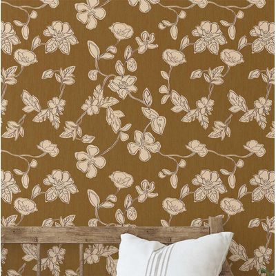 Papel de Parede Autoadesivo Removível Floral Esboçado, Mural Instantâneo Marrom para Quarto, Banheiro, Lavanderia, Closet - S4Sassy 63,5 cm (L) × 152,4 cm (C) / Marrom - Vinil Liso