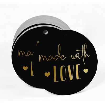 Etiqueta de Papel Metalizado com Texto 'Made With Love' para Lembrancinha de Pendurar - Inkdotpot 100 Etiquetas Metalizadas / Preto - Dourado