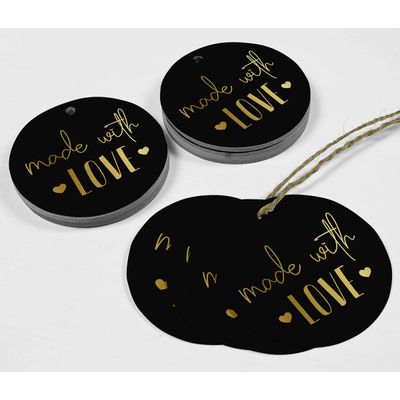 Etiqueta de Papel Metalizado com Texto 'Made With Love' para Lembrancinha de Pendurar - Inkdotpot 100 Etiquetas Metalizadas / Preto - Dourado
