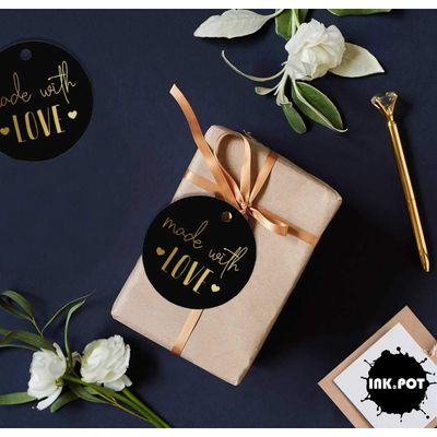 Etiqueta de Papel Metalizado com Texto 'Made With Love' para Lembrancinha de Pendurar - Inkdotpot 100 Etiquetas Metalizadas / Preto - Dourado