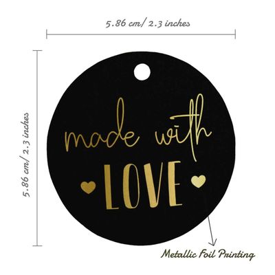 Etiqueta de Papel Metalizado com Texto 'Made With Love' para Lembrancinha de Pendurar - Inkdotpot 100 Etiquetas Metalizadas / Preto - Dourado