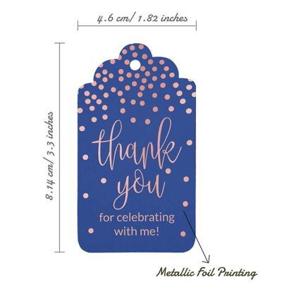 Etiquetas Pendentes de Papel Metalizado Obrigado por Celebrar Comigo para Lembrancinhas de Aniversário - Inkdotpot 50 Etiquetas Metalizadas / Azul - Ouro Rosé