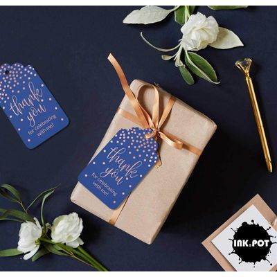 Etiquetas Pendentes de Papel Metalizado Obrigado por Celebrar Comigo para Lembrancinhas de Aniversário - Inkdotpot 50 Etiquetas Metalizadas / Azul - Ouro Rosé