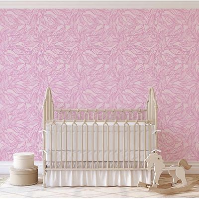 Papel de Parede Autoadesivo Rosa, Estampa Tropical de Folhas Desenhada à Mão, Impermeável e Removível para Quartos e Salas - S4Sassy 63,5 cm (L) × 914,4 cm (C) / Rosa - Vinil Texturizado