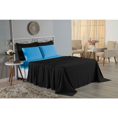 Jogo De Cama Solteiro Nobre 3 Peças Lençol Com Elástico De 30cm De Altura Malha 100% Algodão - Preto / Turquesa