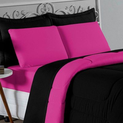 Kit Edredom Dupla Face + Jogo De Lençol Casal Nobre 6 Peças Malha 100% Algodão - Preto / Pink