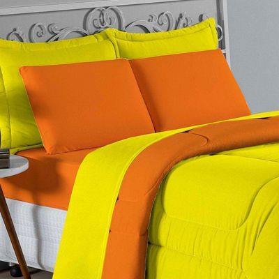 Kit Edredom Dupla Face + Jogo De Lençol Casal Nobre 7 Peças Malha 100% Algodão - Amarelo / Laranja