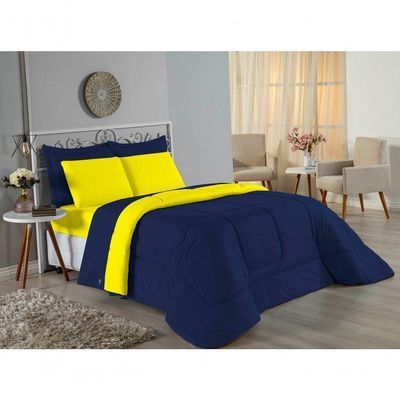 Kit Edredom Dupla Face + Jogo De Lençol Solteiro Nobre 4 Peças Malha 100% Algodão - Azul-marinho / Amarelo