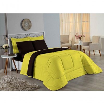 Kit Edredom Dupla Face + Jogo De Lençol King Nobre 7 Peças Malha 100% Algodão - Amarelo / Preto