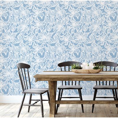 Papel Autoadesivo Vinílico Impermeável Azul Contemporâneo Removível com Arte Linear Floral para Paredes, Armários, Cômoda - S4sassy 63,5 cm (L) × 304,8 cm (C) / Azul - Vinil Liso