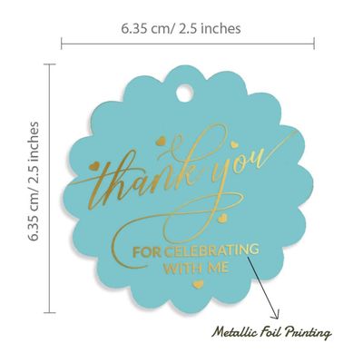 Etiqueta Pingente de Garrafa 'Obrigado por Celebrar Comigo' para Lembrancinha de Aniversário, Metalizado - Inkdotpot 100 Etiquetas Metalizadas / Azul - Dourado