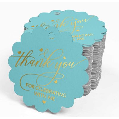 Etiqueta Pingente de Garrafa 'Obrigado por Celebrar Comigo' para Lembrancinha de Aniversário, Metalizado - Inkdotpot 100 Etiquetas Metalizadas / Azul - Dourado