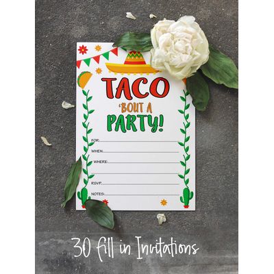 Pacote com 30 Convites 'Taco Bout' Fiesta, Convites para Preencher com Envelopes - Inkdotpot 12,7 Cm × 17,78 Cm / Preto