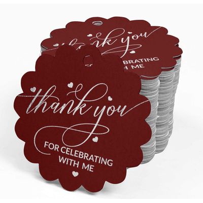 Etiquetas de Papel "Obrigado por Celebrar Comigo" para Lembrancinha de Aniversário, Metalizadas Artesanais para Pendurar - Inkdotpot 100 Etiquetas Metalizadas / Vermelho - Prata