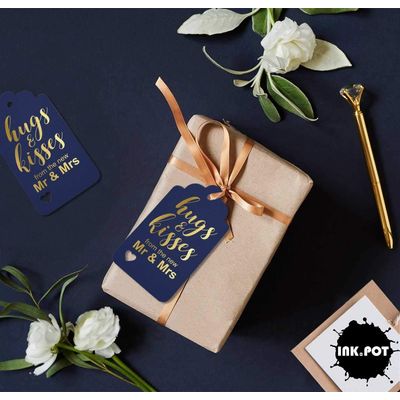 Abraços e Beijos da Nova Etiqueta Pendente de Garrafa de Casamento em Folha Metalizada para Lembrancinha - Inkdotpot 50 Etiquetas Metalizadas / Azul - Dourado