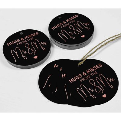 Tags para Pendurar em Papel Metalizado Hugs & Kisses para Lembrancinhas de Casamento - Inkdotpot 100 Etiquetas Metalizadas / Preto - Ouro Rosé
