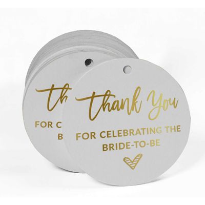 Etiquetas de Papel com Foil 'Obrigada por Celebrar a Futura Noiva' para Lembrancinha de Chá de Noiva para Pendurar - Inkdotpot 50 Etiquetas Metalizadas / Branco - Ouro Rosé