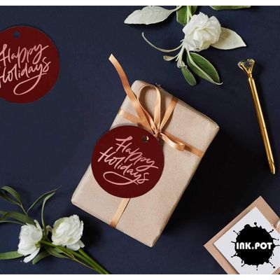 Etiqueta para Pendurar em Papel Metalizado Boas Festas para Lembrancinha - Inkdotpot 100 Etiquetas Metalizadas / Vermelho - Ouro Rosé