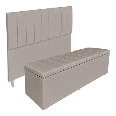 Kit Cabeceira E Calçadeira Recamier Baú Solteiro 0,90m Holanda Linho - Pallazio Cor Cappuccino
