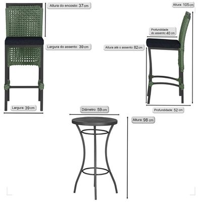 Mesa Bistro E 4 Banquetas Roma Preta Corda Náutica 12 Verde