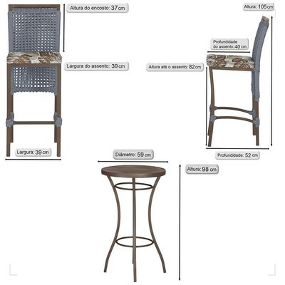 Mesa Bistrô E 2 Banquetas Roma Marrom Corda Estofado Trama Prata