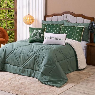 Kit Edredom Solteiro Verano Com Almofadas Estampadas 05 Peças - Dupla Face Percal 300 Fios Cor Coqueiro