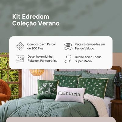 Kit Edredom Solteiro Verano Com Almofadas Estampadas 05 Peças - Dupla Face Percal 300 Fios Cor Coqueiro