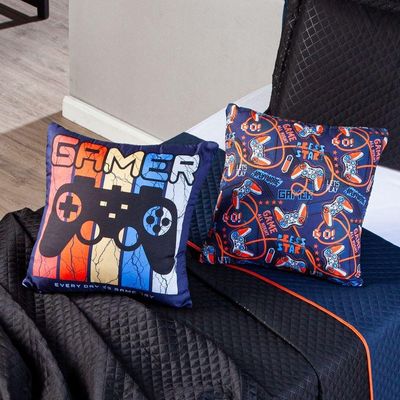 Par De Capas De Almofadas Estampadas Gamer Day Azul Marinho 45cm X 45cm - Decoração Infantil Para Quarto
